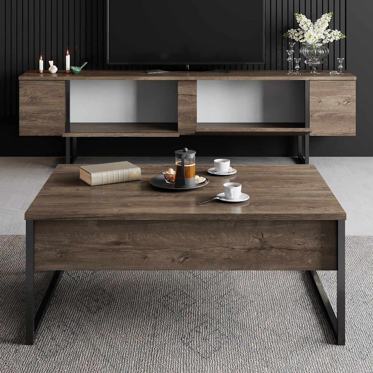 TV Meubels - TV Meubel Luxe Walnoot Zwart Melamine 180x50x30 cm - Dimehouse