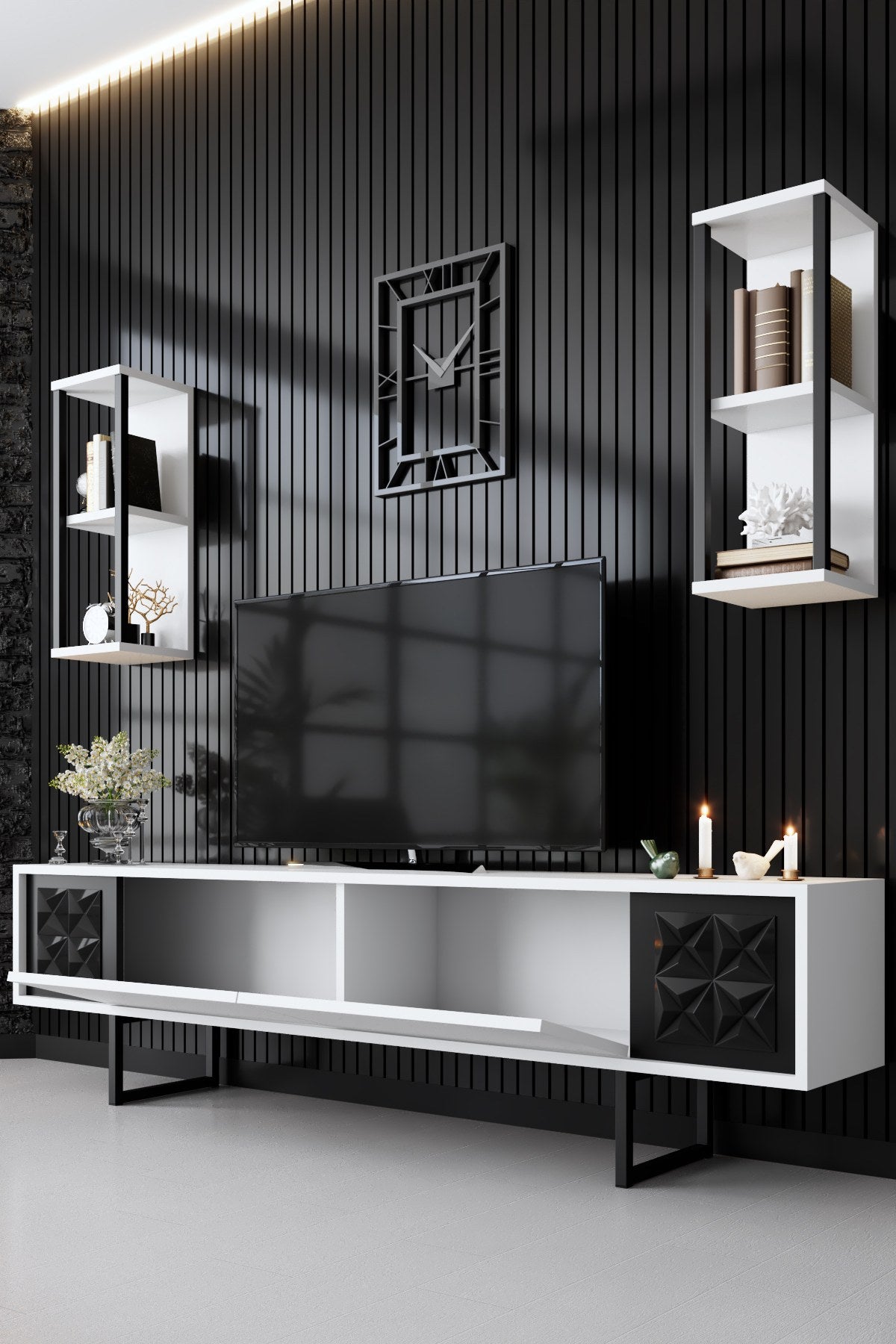 TV Meubels - TV Meubel Set Black Line Wit Zwart Melamine 180x48x30 cm - Dimehouse