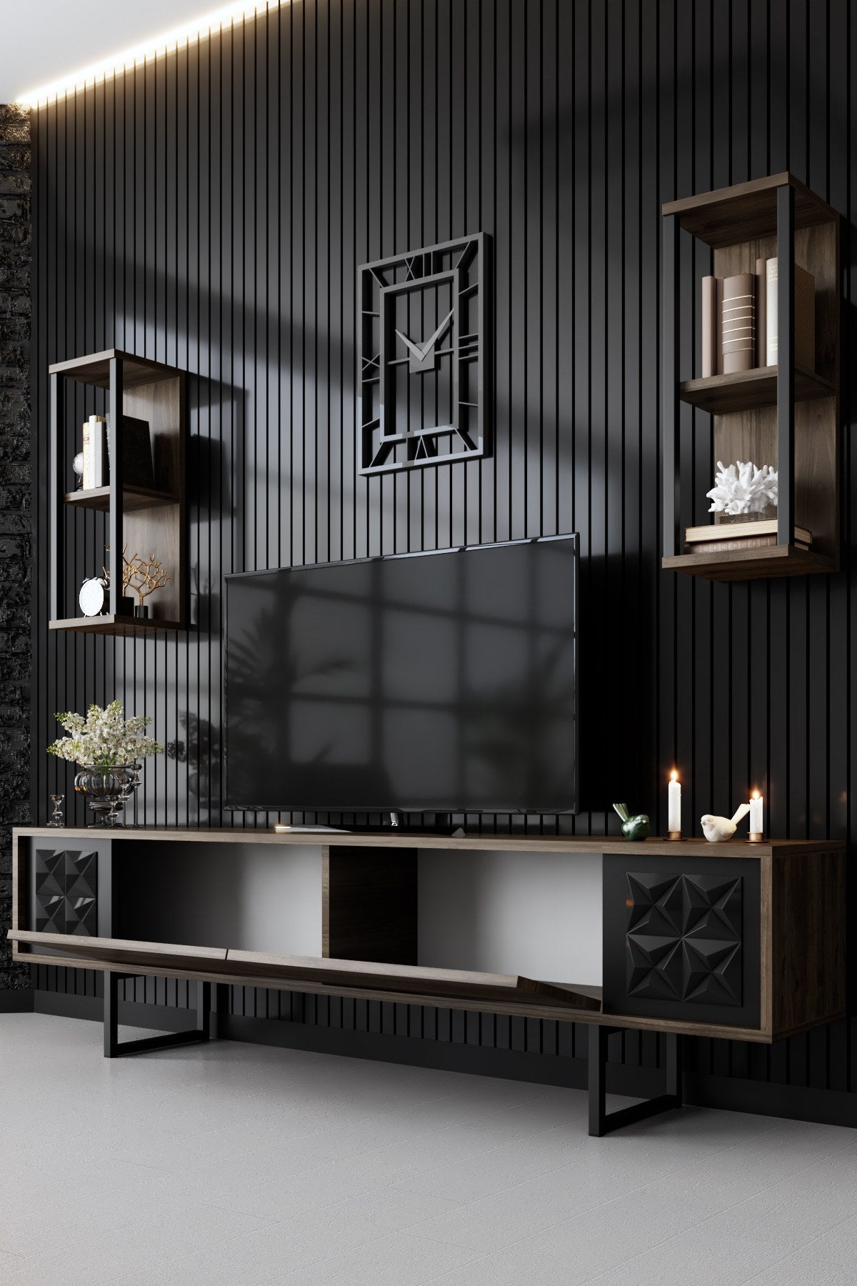 TV Meubels - TV Meubel Set Black Line Walnoot Zwart Melamine 180x48x30 cm - Dimehouse