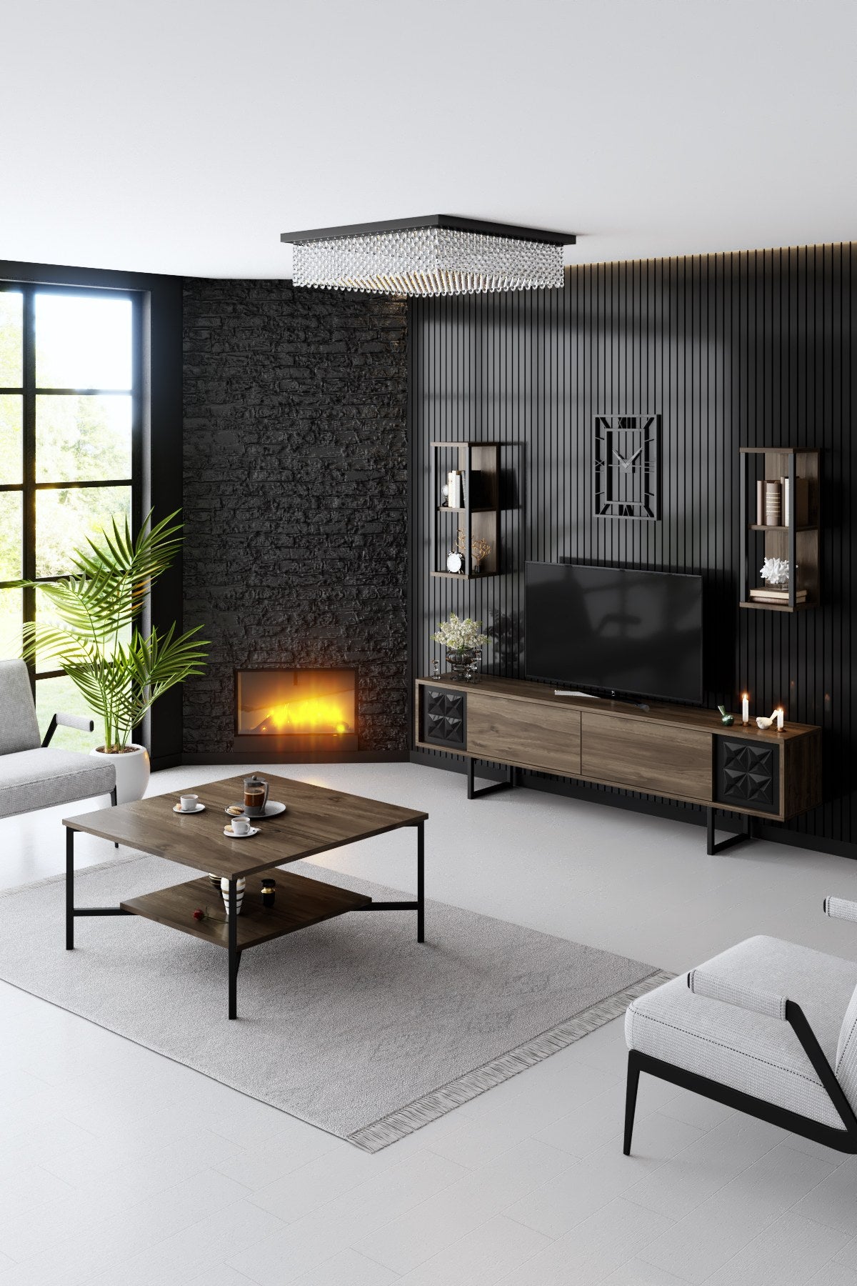 TV Meubels - TV Meubel Set Black Line Walnoot Zwart Melamine 180x48x30 cm - Dimehouse