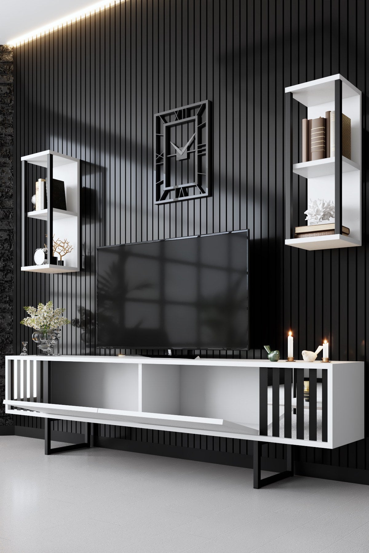 TV Meubels - TV Meubel Set Chrome Line Wit Zwart Melamine 180x48x30 cm - Dimehouse