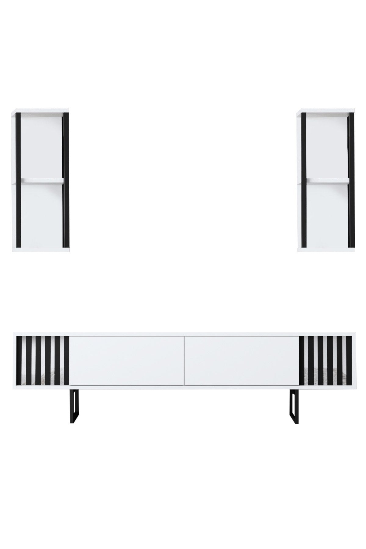 TV Meubels - TV Meubel Set Chrome Line Wit Zwart Melamine 180x48x30 cm - Dimehouse