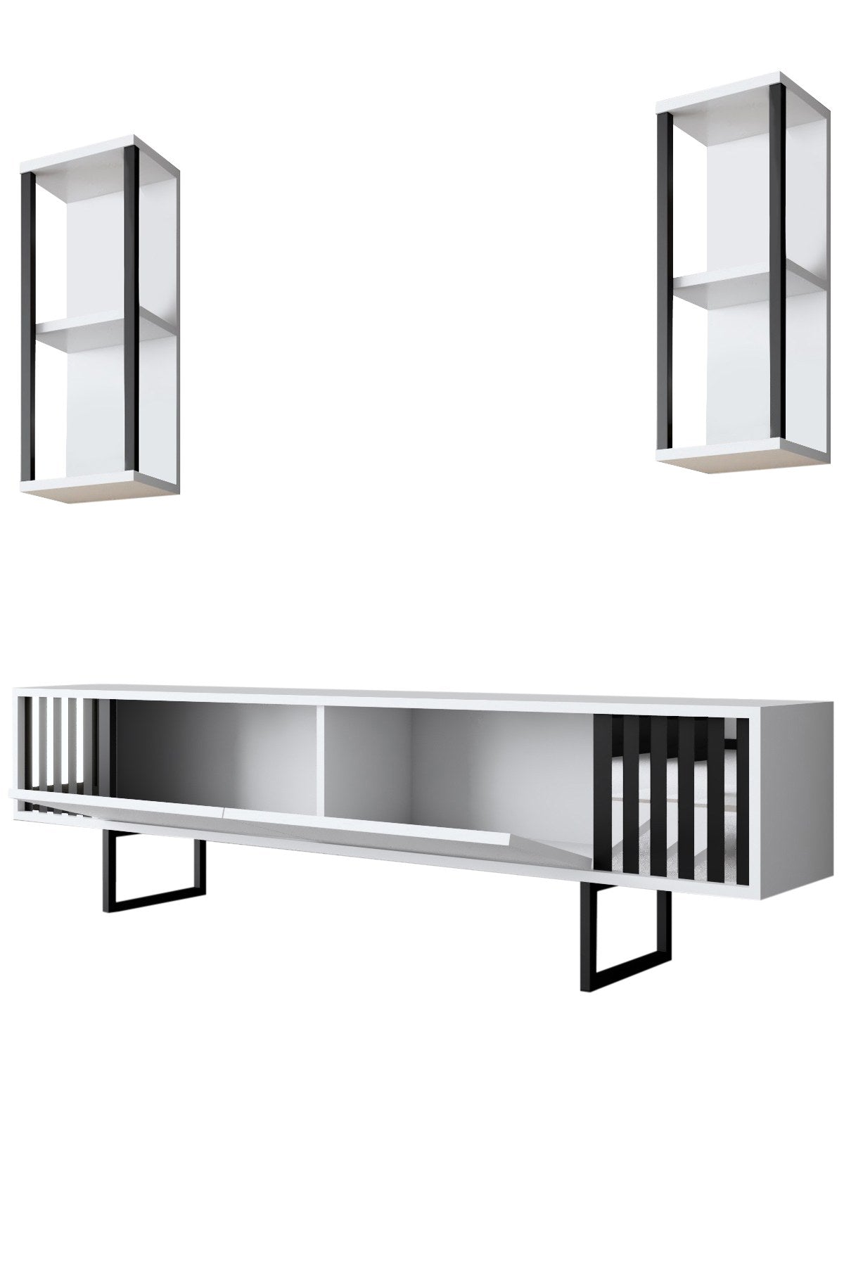 TV Meubels - TV Meubel Set Chrome Line Wit Zwart Melamine 180x48x30 cm - Dimehouse