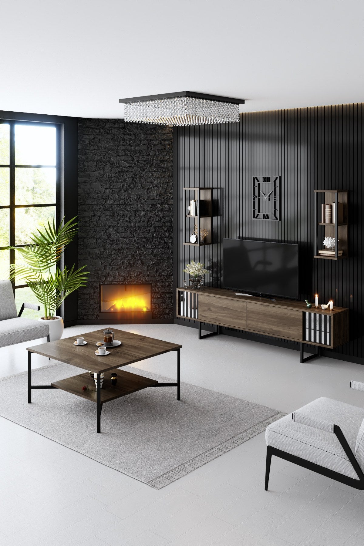 TV Meubels - TV Meubel Set Chrome Line Walnoot Zwart Melamine 180x48x30 cm - Dimehouse
