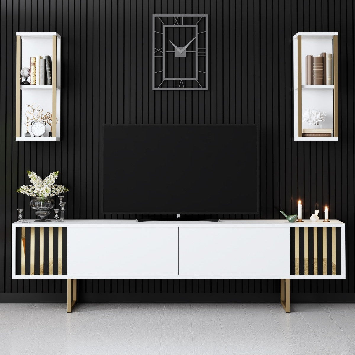 TV Meubels - TV Meubel Set Gold Line Wit Zwart Melamine 180x48x30 cm - Dimehouse