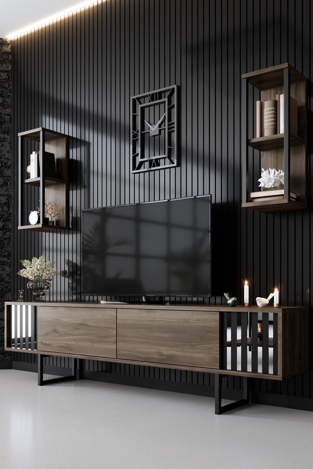 Set di mobili Noce-Nero - Linea Cromata - Tavolino + Mobile TV