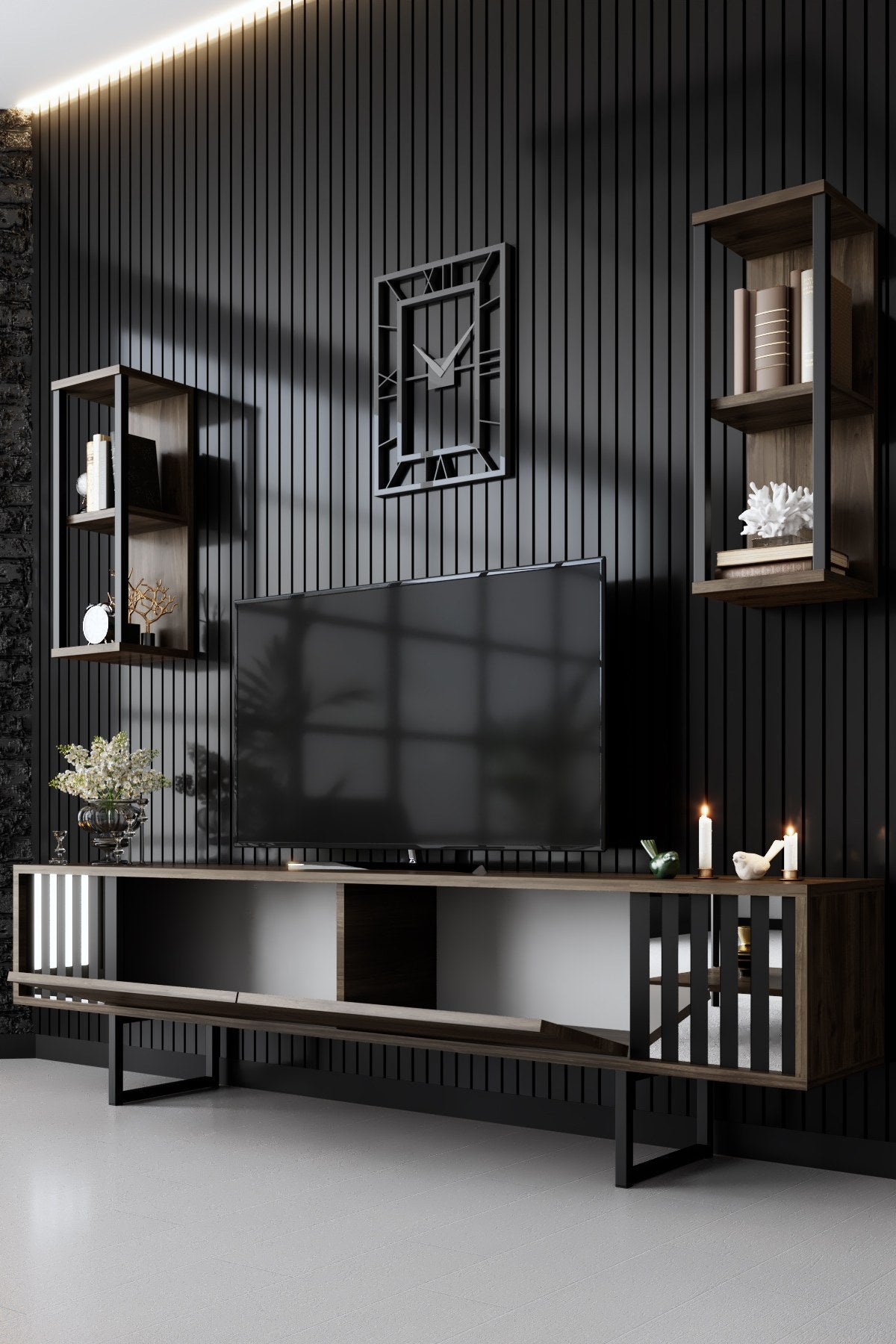 Set di mobili Noce-Nero - Linea Cromata - Tavolino + Mobile TV