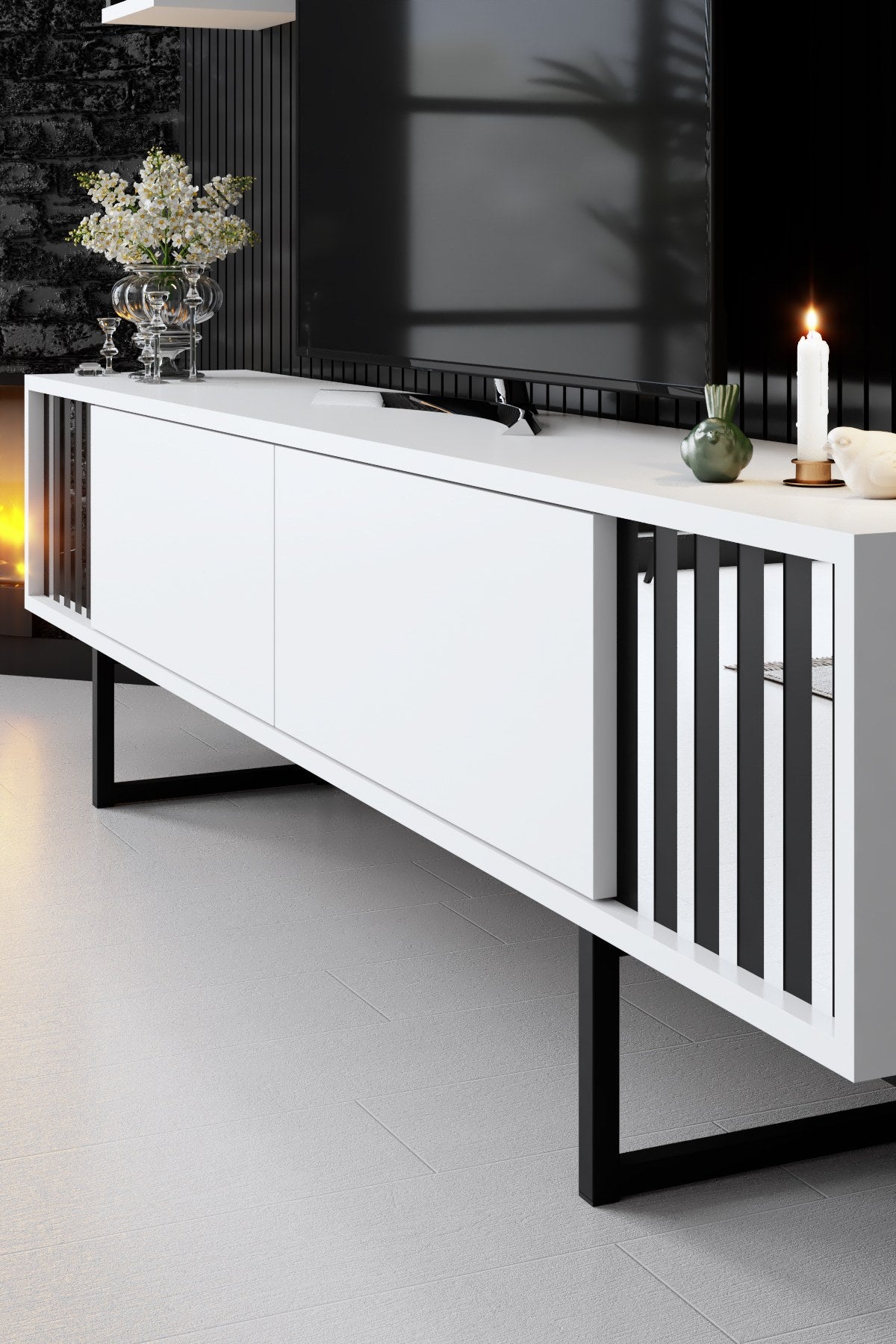 Meubelsets - Meubelset Wit - Zwart - Chrome Line - Salontafel + TV Meubel - Dimehouse