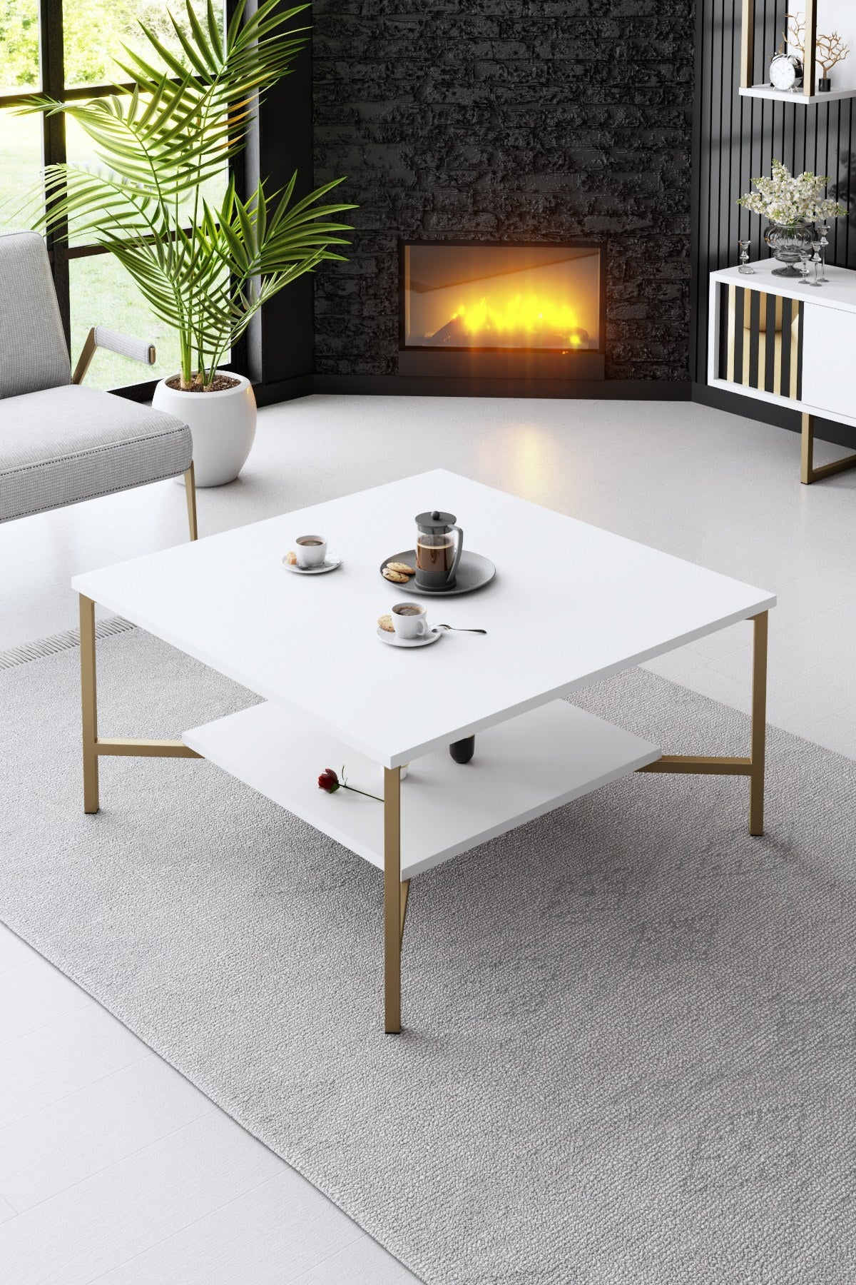 Set di mobili Bianco-Oro - Gold Line - Tavolino + Mobile TV