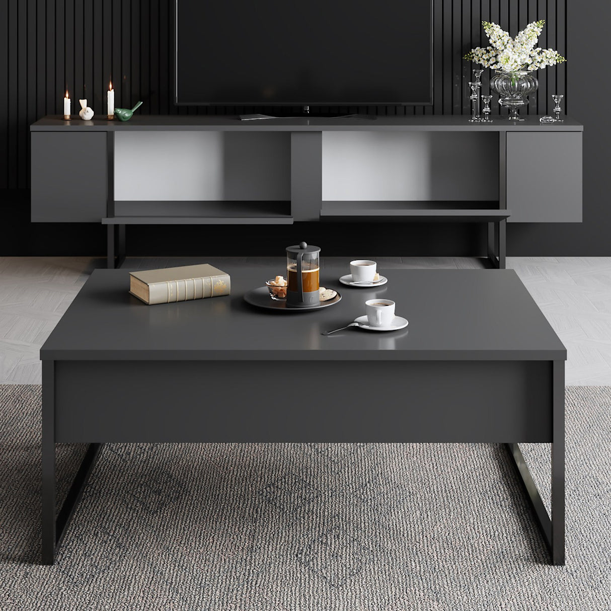 Meubelsets - Meubelset Antraciet Luxe - Salontafel + TV Meubel - Zwart Frame - Dimehouse