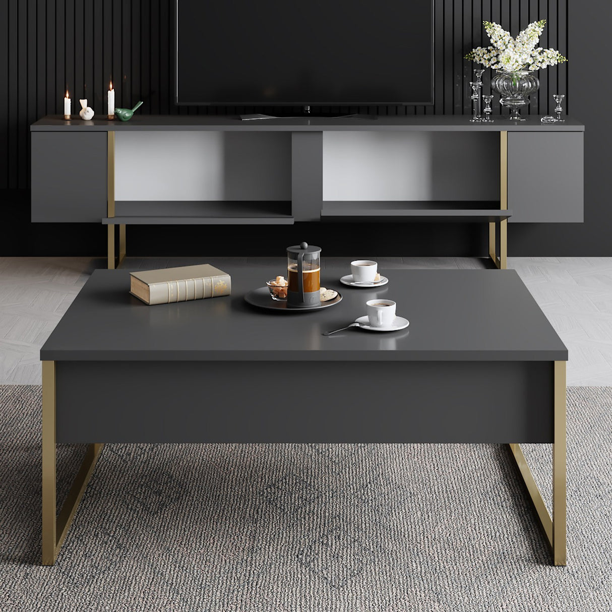 Meubelsets - Meubelset Antraciet Luxe - Salontafel + TV Meubel - Gouden Frame - Dimehouse