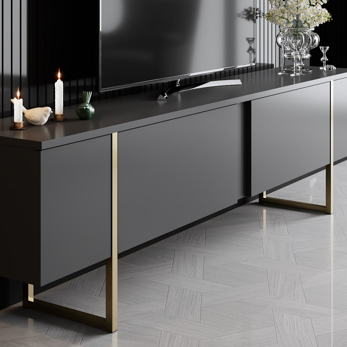 Meubelsets - Meubelset Antraciet Luxe - Salontafel + TV Meubel - Gouden Frame - Dimehouse