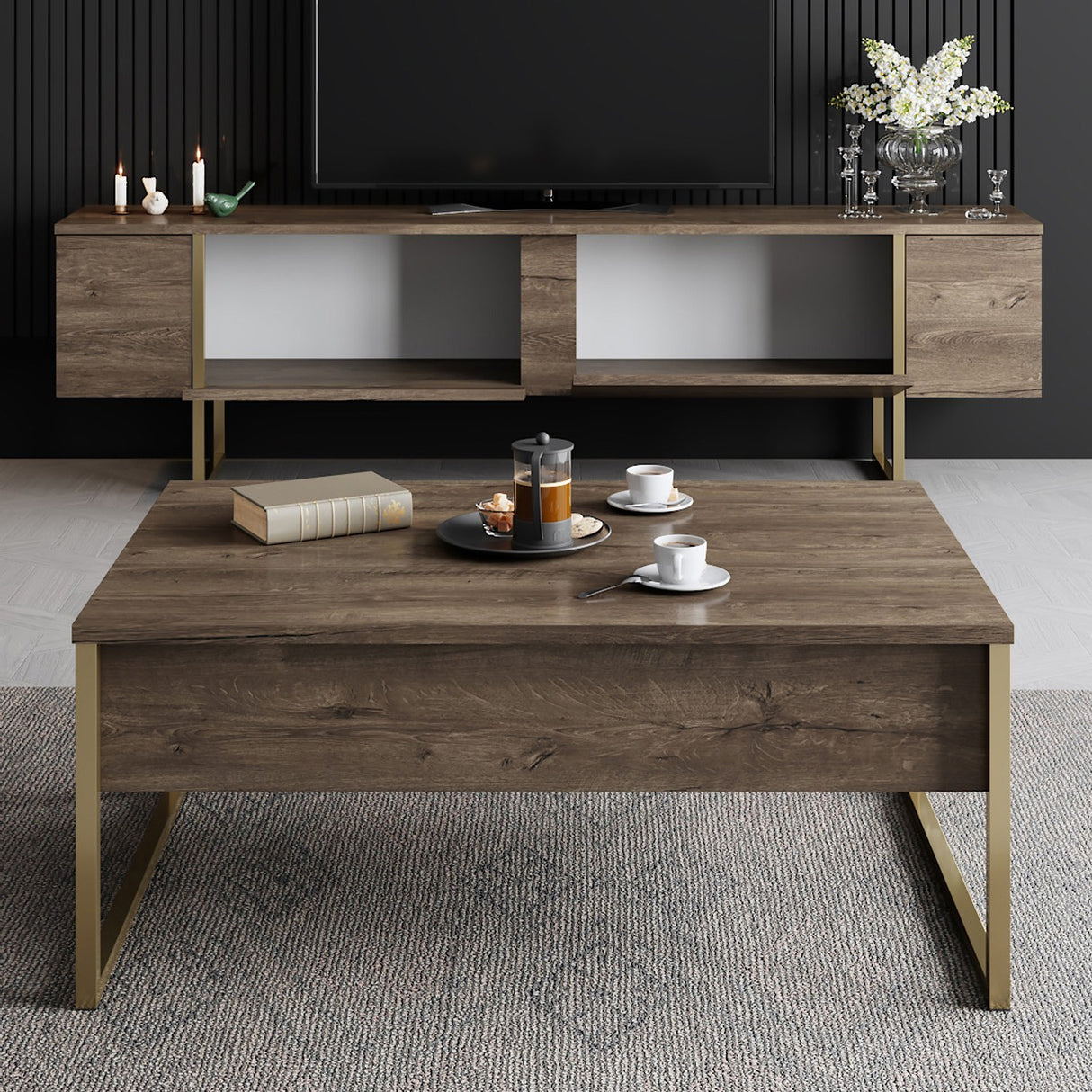 Meubelsets - Meubelset Walnoot Luxe - Salontafel + TV Meubel - Gouden Frame - Dimehouse