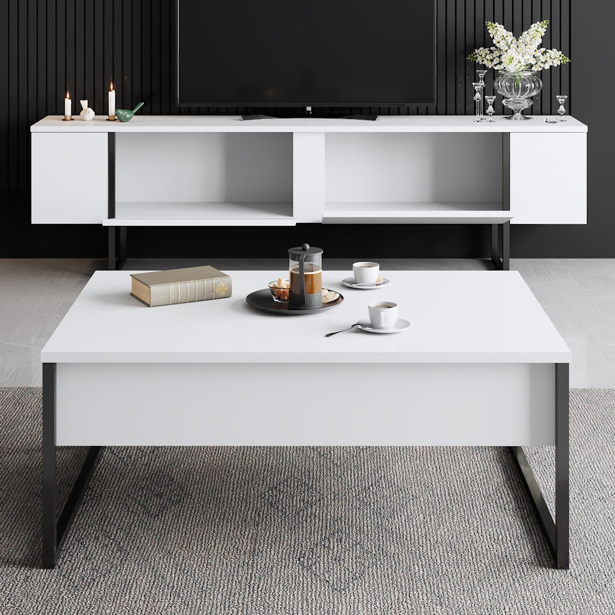 Meubelsets - Meubelset Wit Luxe - Salontafel + TV Meubel - Zwart Frame - Dimehouse