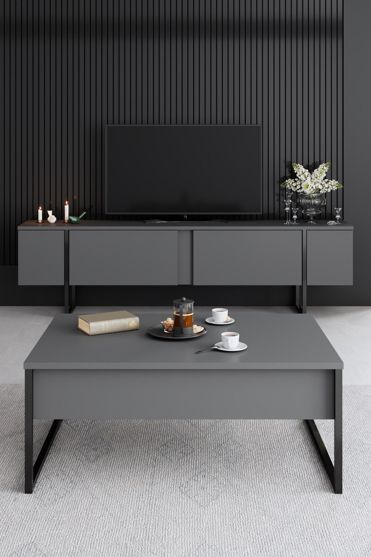 Set di mobili Antracite Luxury - Tavolino + Mobile TV + Credenza - Struttura nera