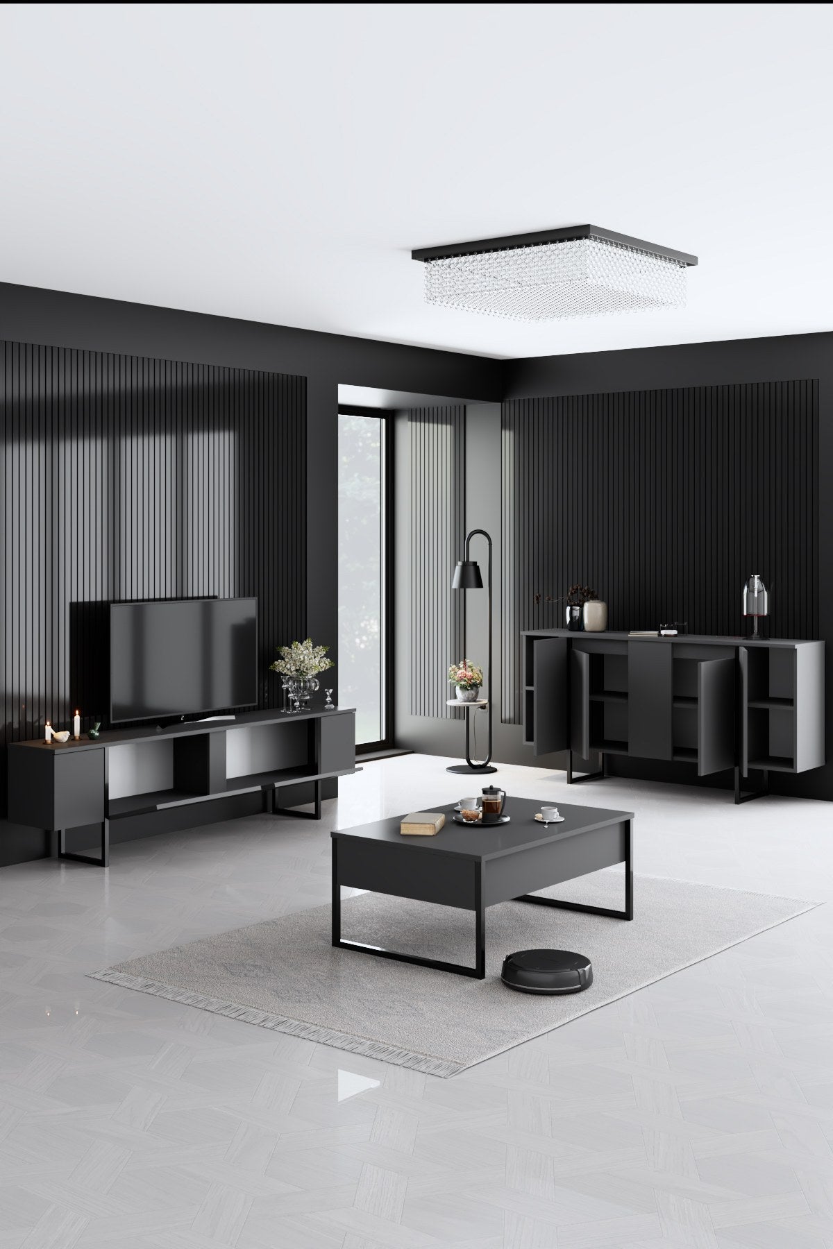 Set di mobili Antracite Luxury - Tavolino + Mobile TV + Credenza - Struttura nera