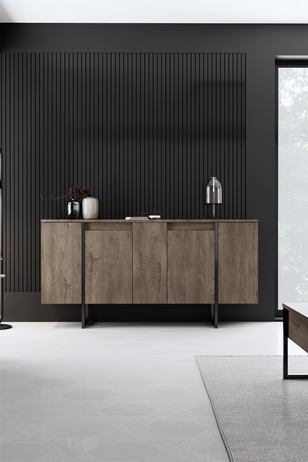 Meubelsets - Meubelset Walnoot Luxe - Salontafel + TV Meubel + Dressoir - Zwart Frame - Dimehouse
