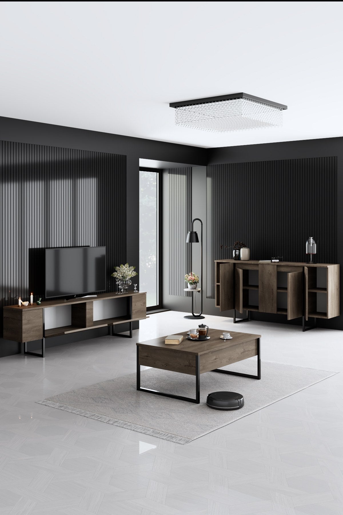 Meubelsets - Meubelset Walnoot Luxe - Salontafel + TV Meubel + Dressoir - Zwart Frame - Dimehouse