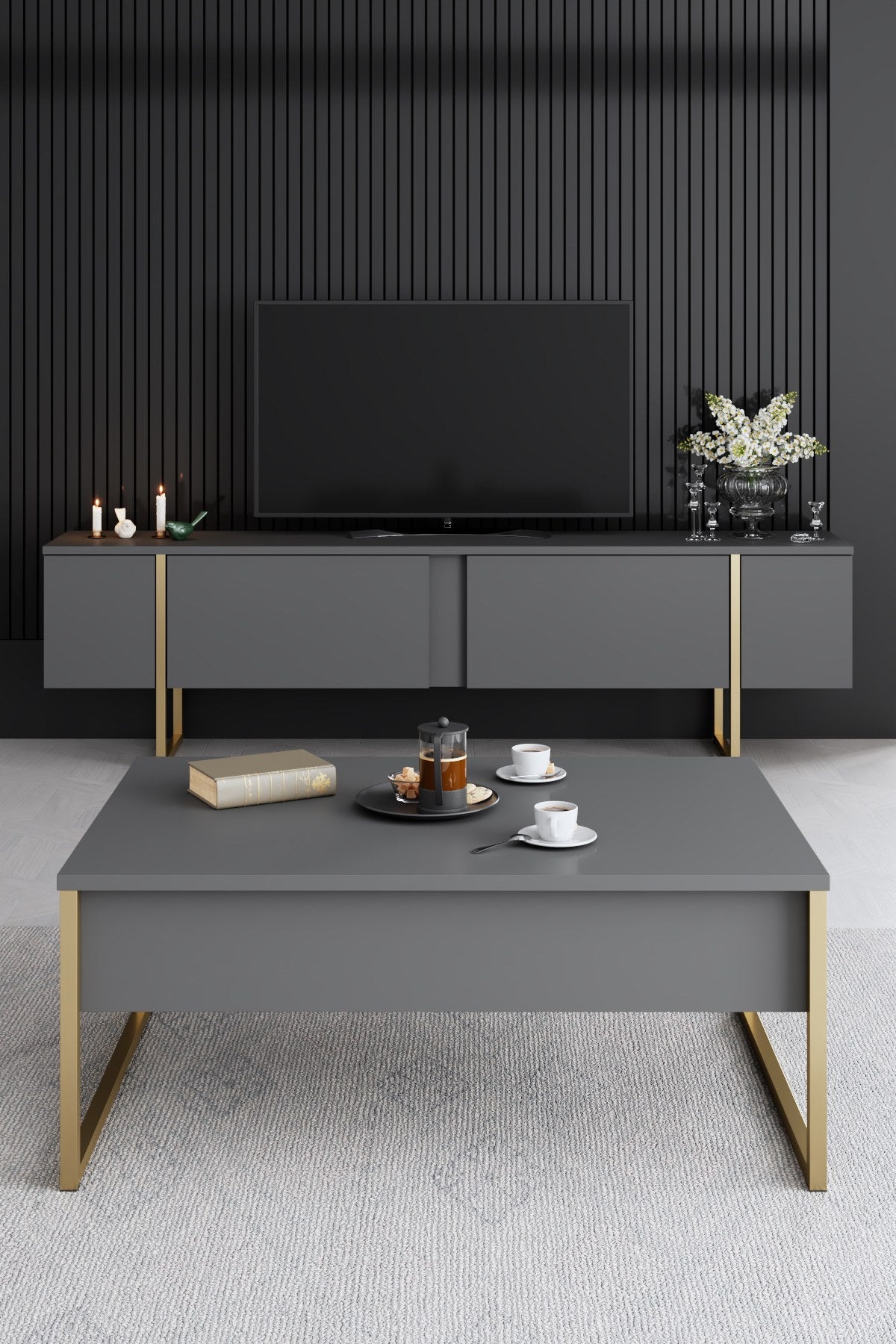 Meubelsets - Meubelset Antraciet Luxe - Salontafel + TV Meubel + Dressoir - Gouden Frame - Dimehouse