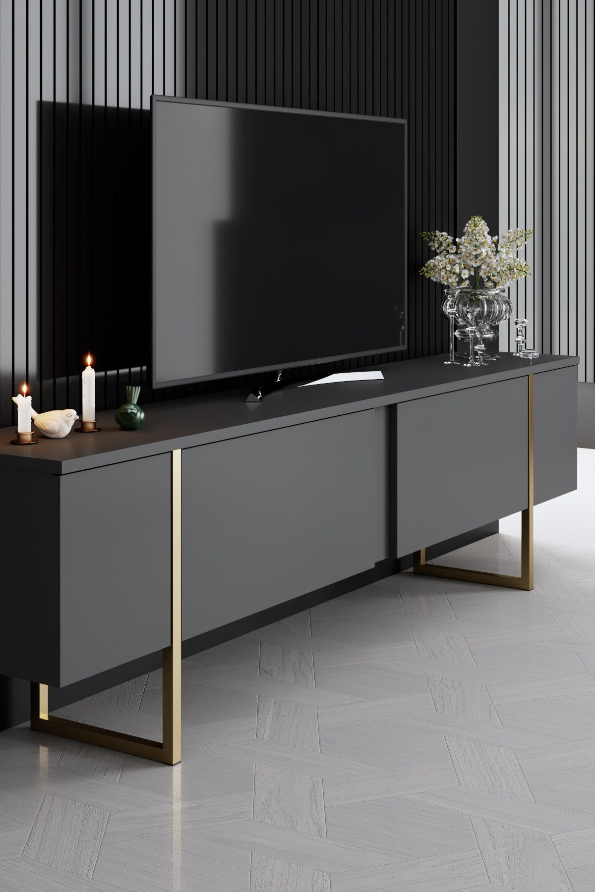 Meubelsets - Meubelset Antraciet Luxe - Salontafel + TV Meubel + Dressoir - Gouden Frame - Dimehouse