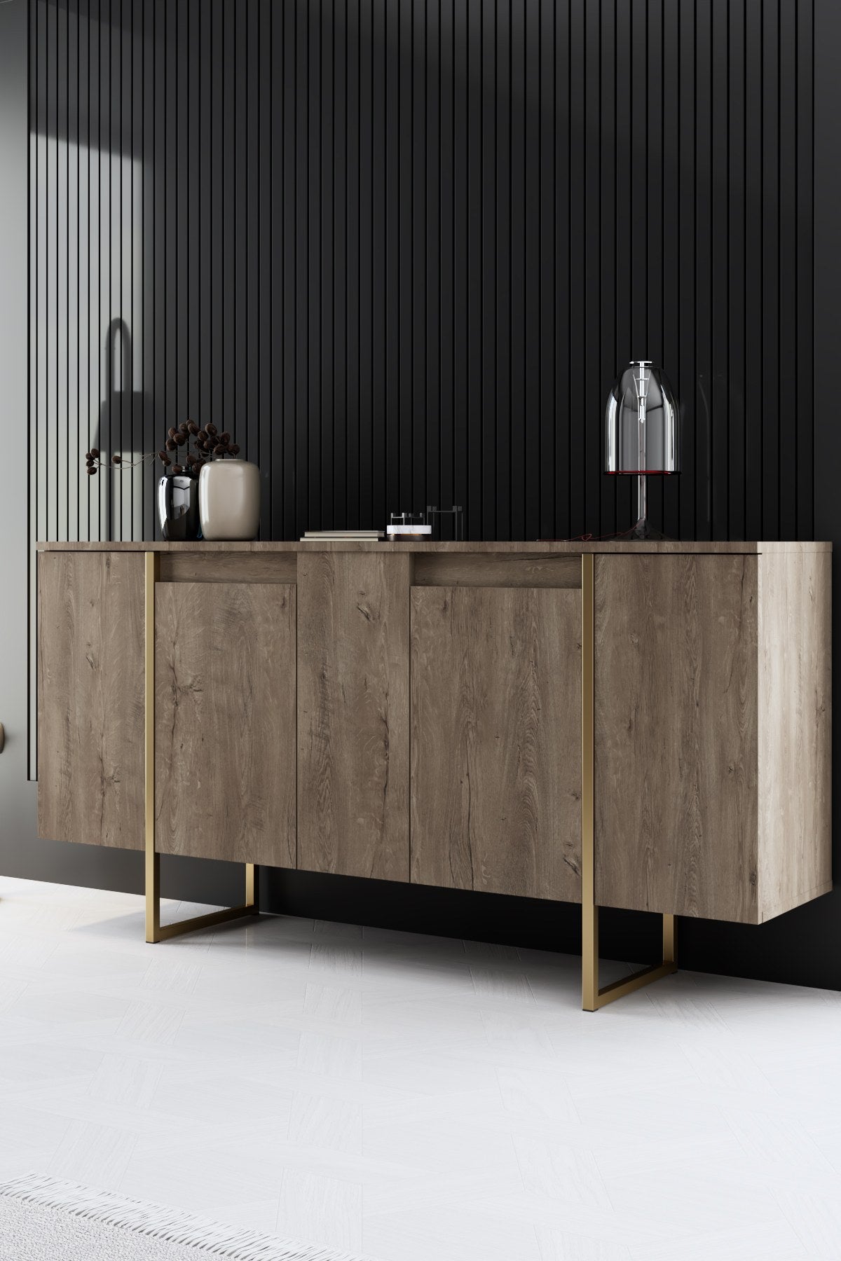Set di mobili di lusso in noce - Tavolino + Mobile TV + Credenza - Cornice dorata