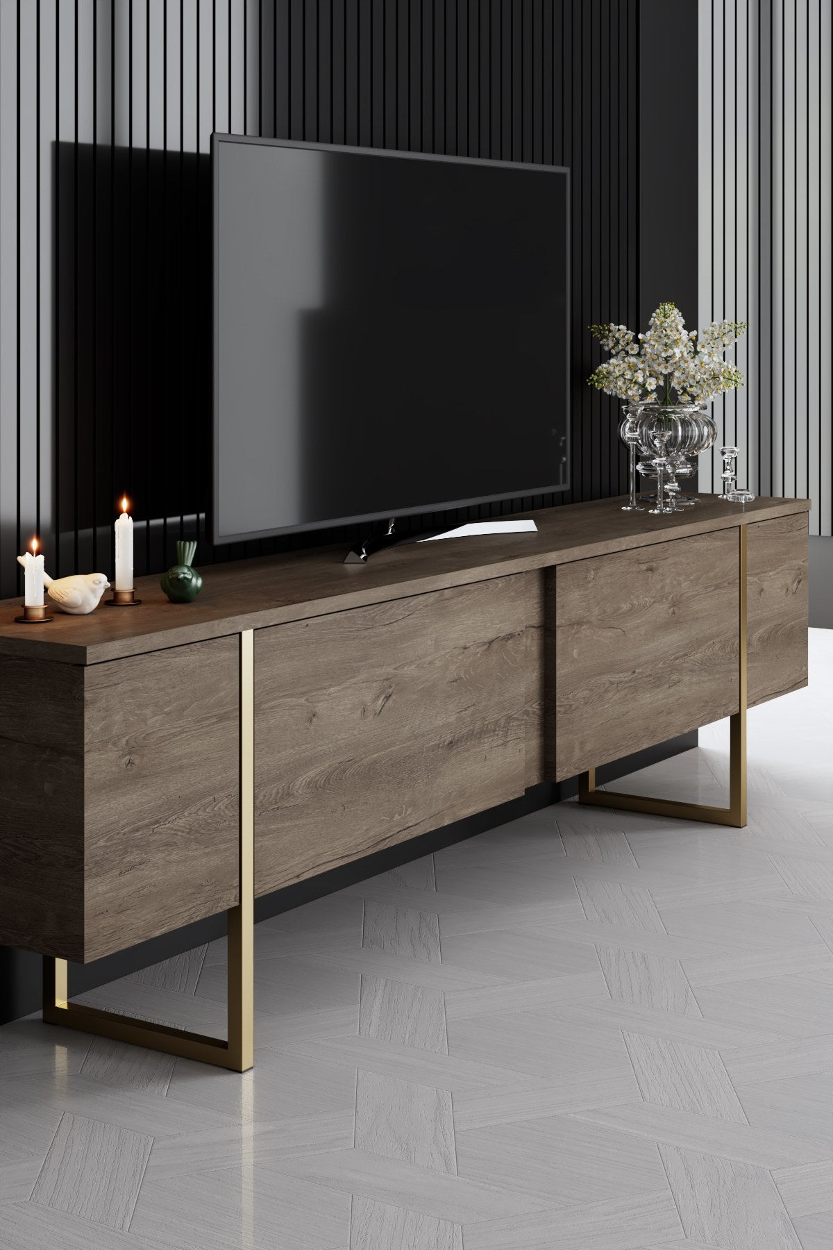 Set di mobili di lusso in noce - Tavolino + Mobile TV + Credenza - Cornice dorata