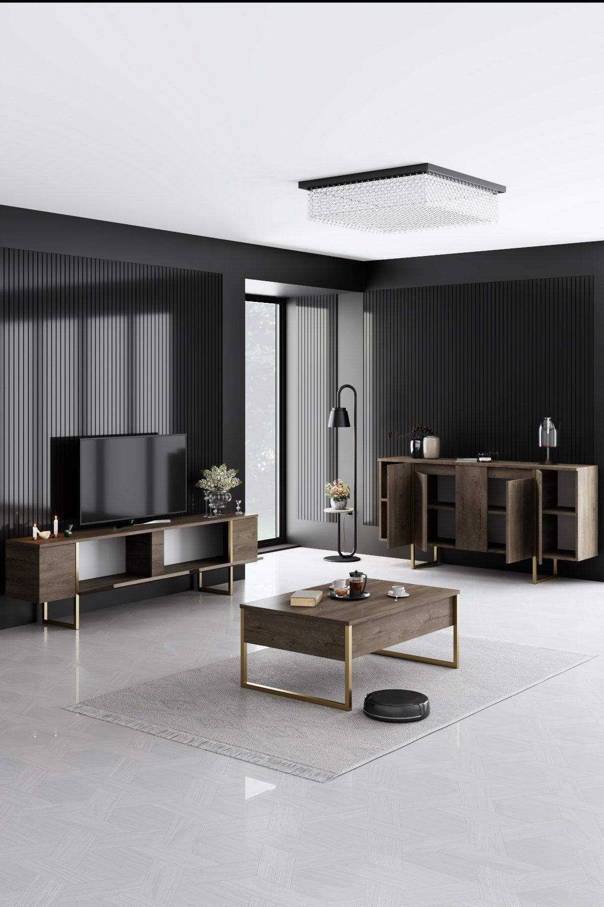 Set di mobili di lusso in noce - Tavolino + Mobile TV + Credenza - Cornice dorata