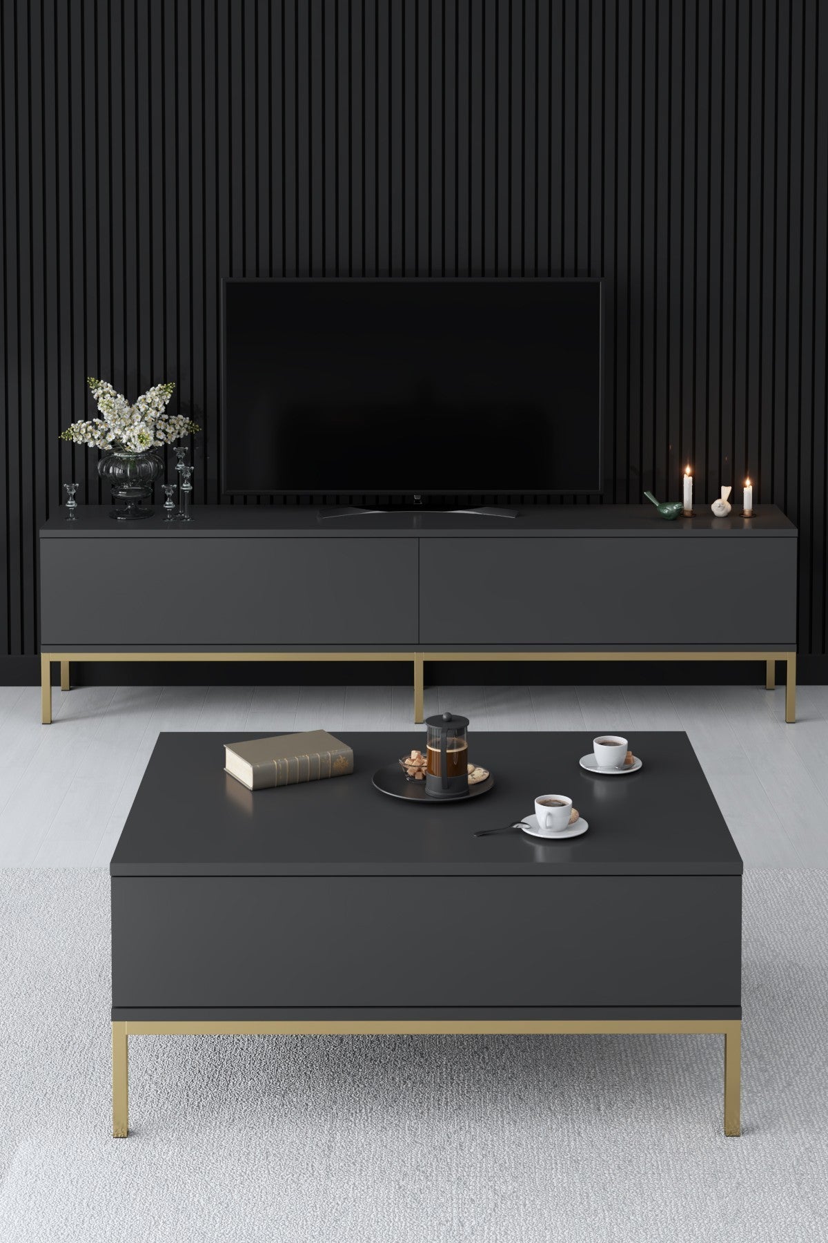 Salontafels - Rechthoekige Salontafel Antraciet Lord 90x60 - Gouden Frame - Dimehouse