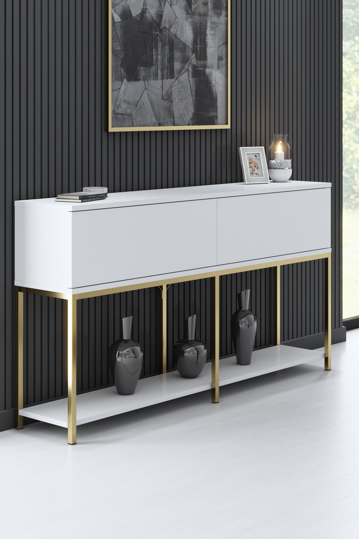 Set di mobili White Lord - Tavolino + Mobile TV + Credenza - Cornice dorata