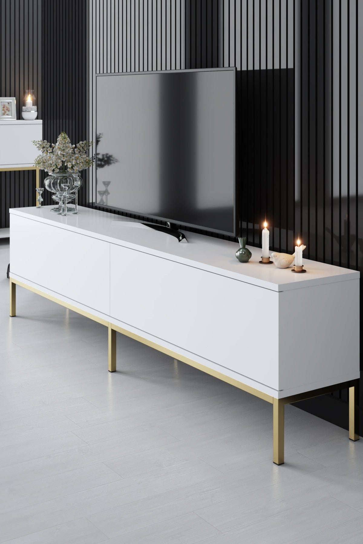 Set di mobili White Lord - Tavolino + Mobile TV + Credenza - Cornice dorata