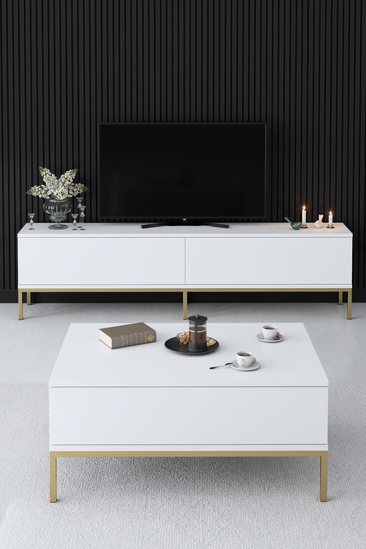 Set di mobili White Lord - Tavolino + Mobile TV + Credenza - Cornice dorata