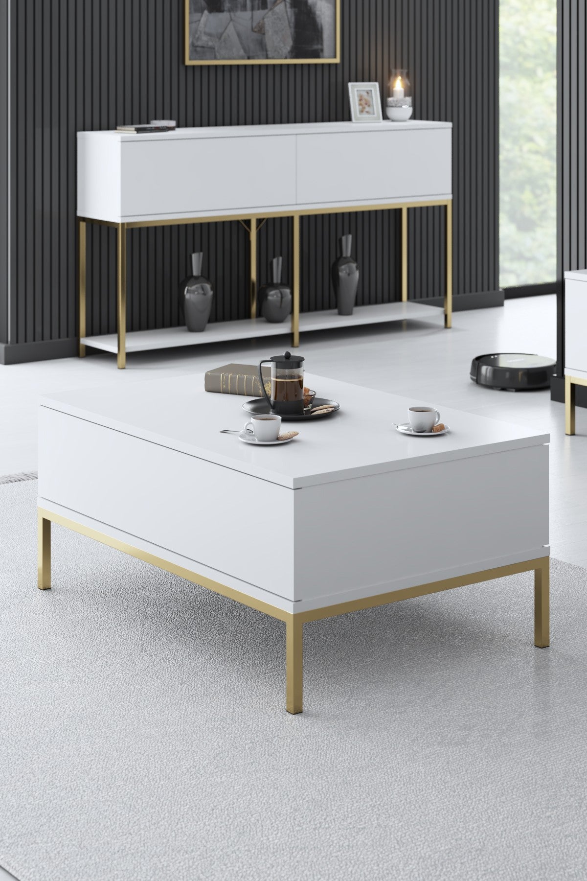 Set di mobili White Lord - Tavolino + Mobile TV + Credenza - Cornice dorata