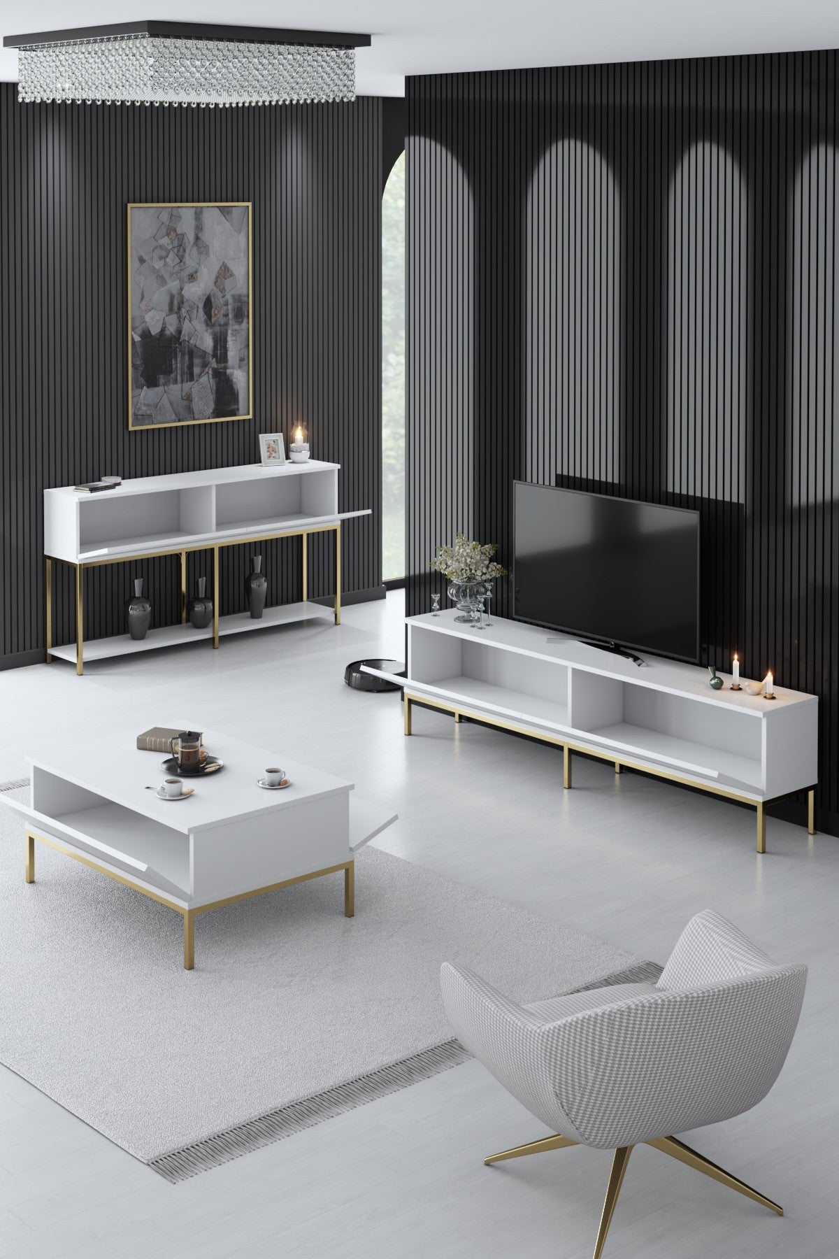 Set di mobili White Lord - Tavolino + Mobile TV + Credenza - Cornice dorata