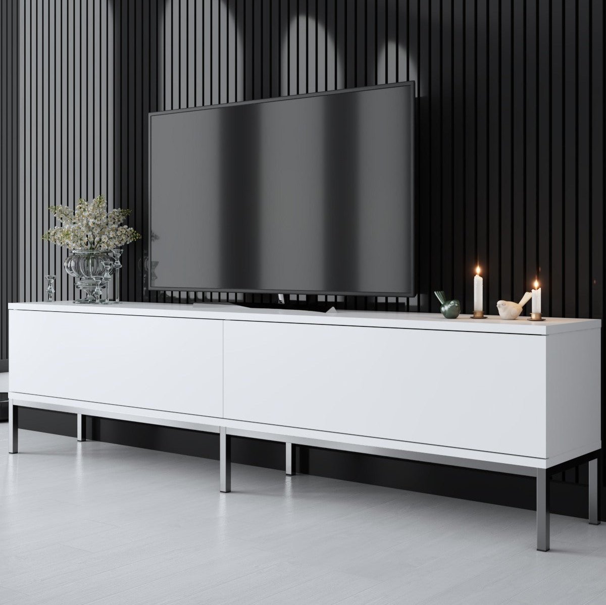TV Meubels - TV Meubel Lord Wit Zilver Melamine 180x47x30 cm - Dimehouse