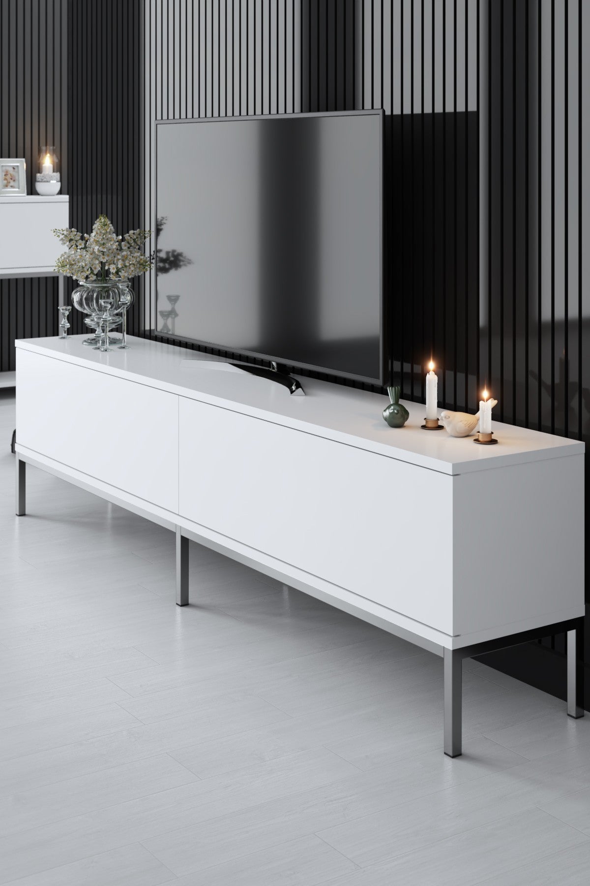 TV Meubels - TV Meubel Lord Wit Zilver Melamine 180x47x30 cm - Dimehouse