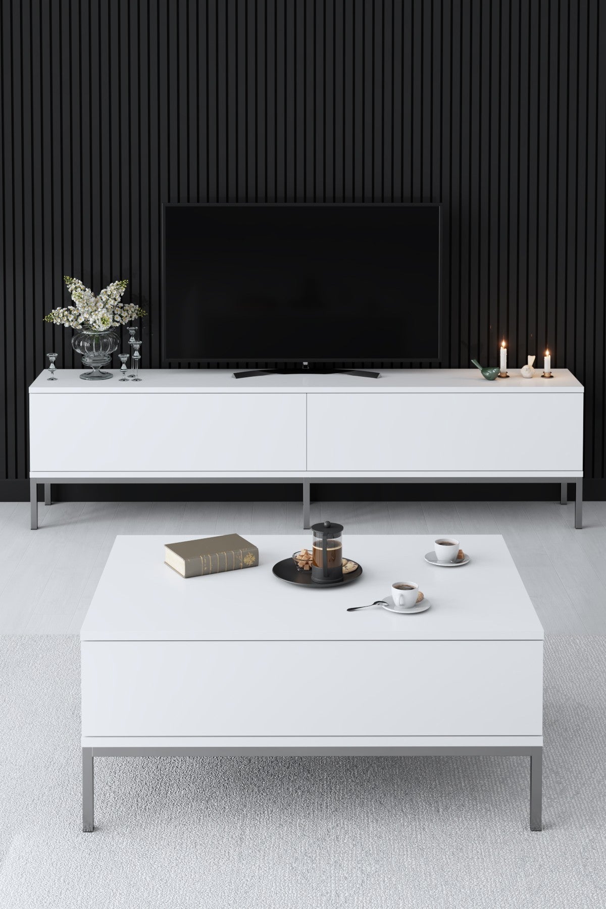 TV Meubels - TV Meubel Lord Wit Zilver Melamine 180x47x30 cm - Dimehouse