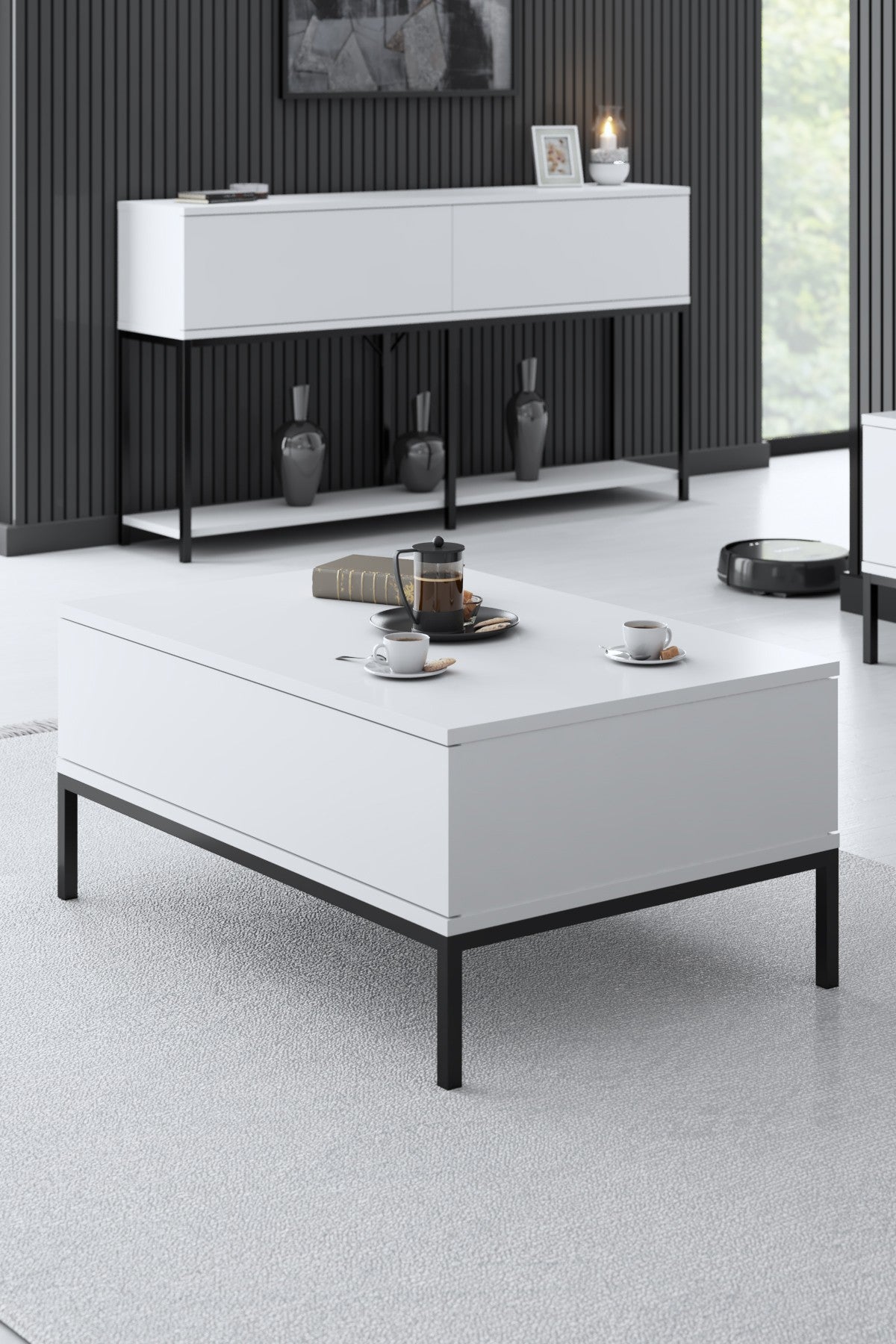 Meubelsets - Meubelset Wit Lord - Salontafel + TV Meubel + Dressoir - Zwart Frame - Dimehouse