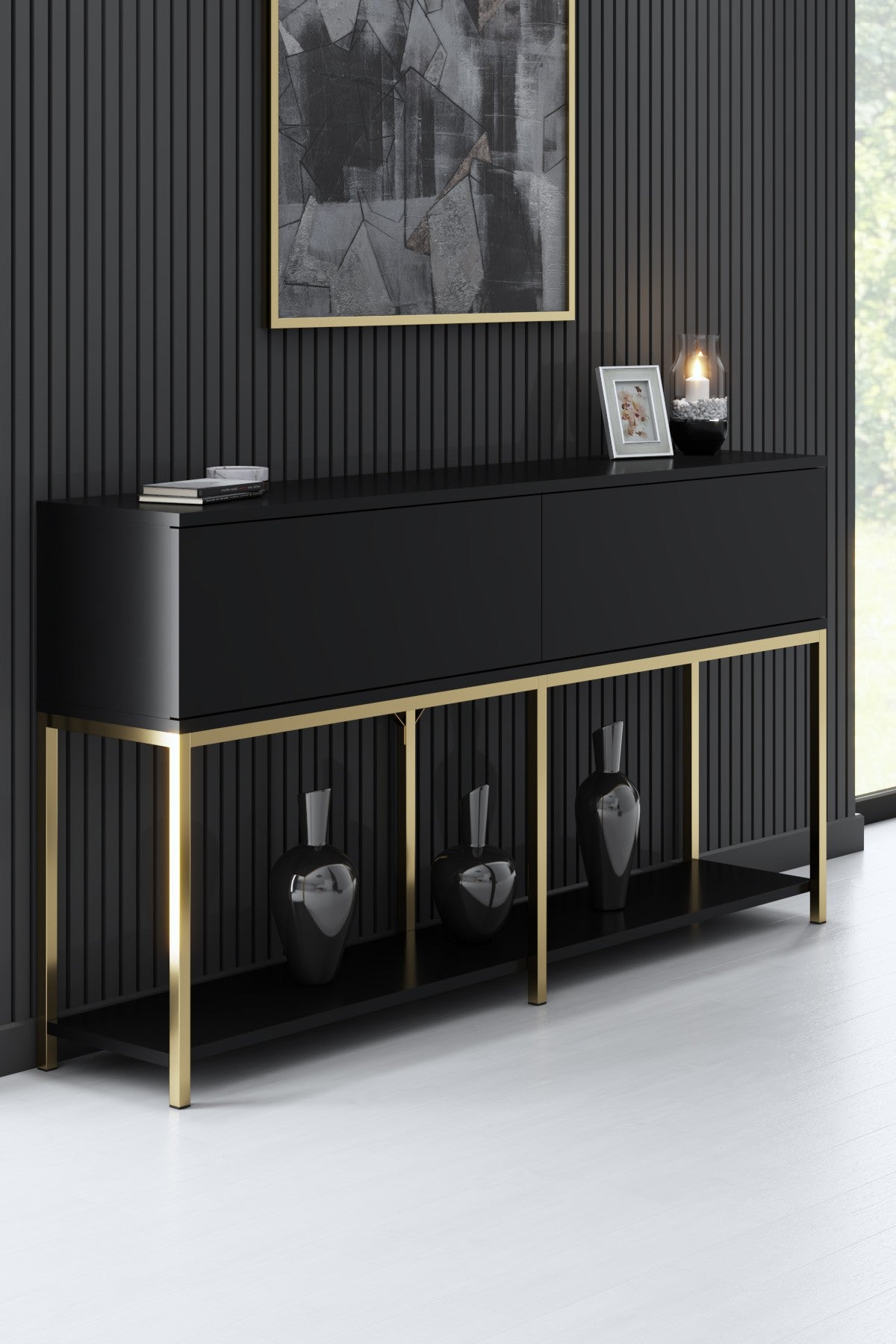 Set di mobili Black Lord - Tavolino + Mobile TV + Credenza - Cornice dorata