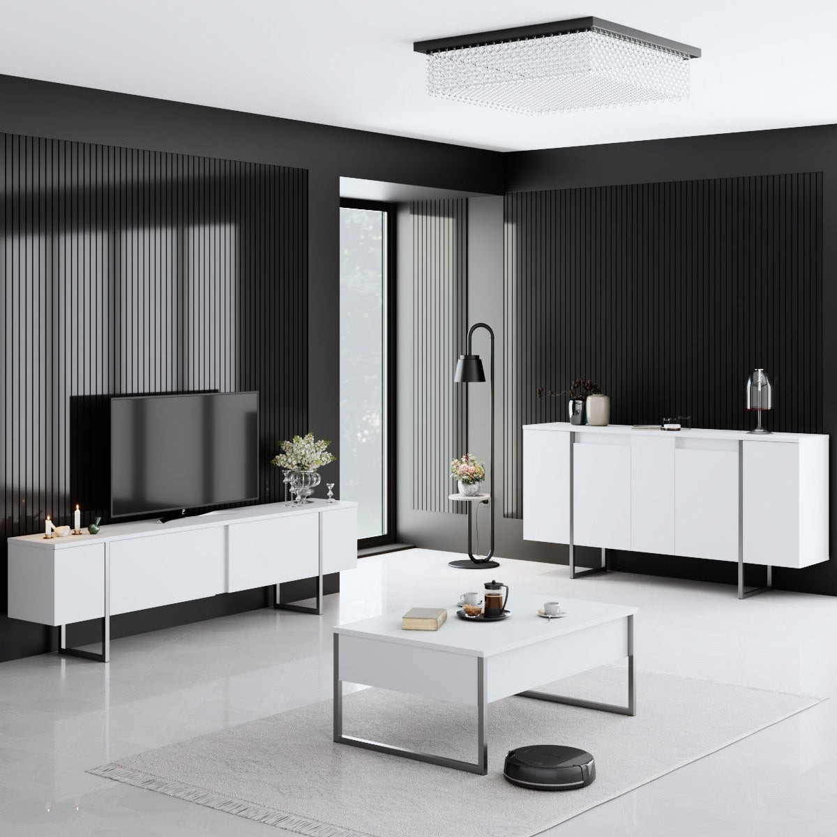 Set di mobili White Luxury - Tavolino + Mobile TV + Cassettiera Luxury - Cornice Argento
