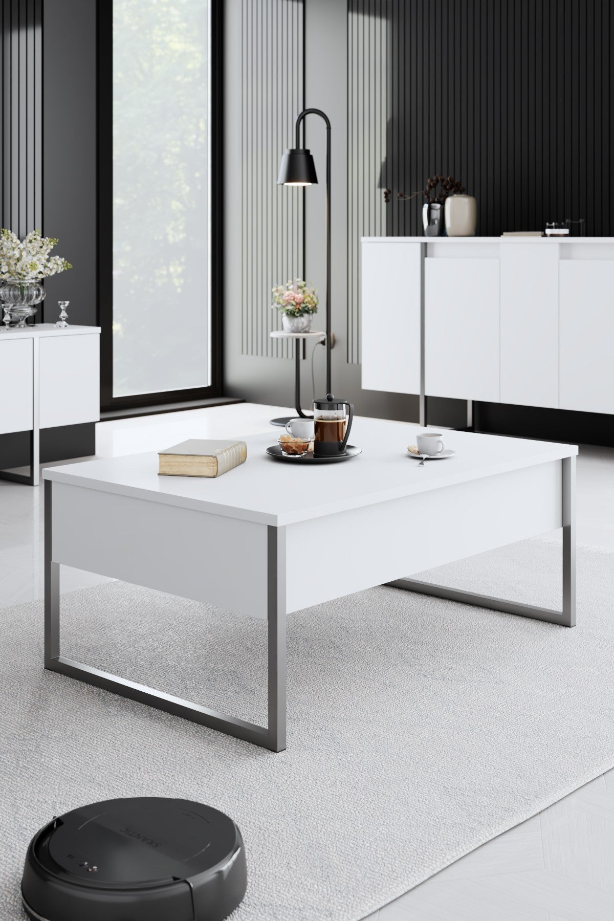 Set di mobili White Luxury - Tavolino + Mobile TV + Cassettiera Luxury - Cornice Argento
