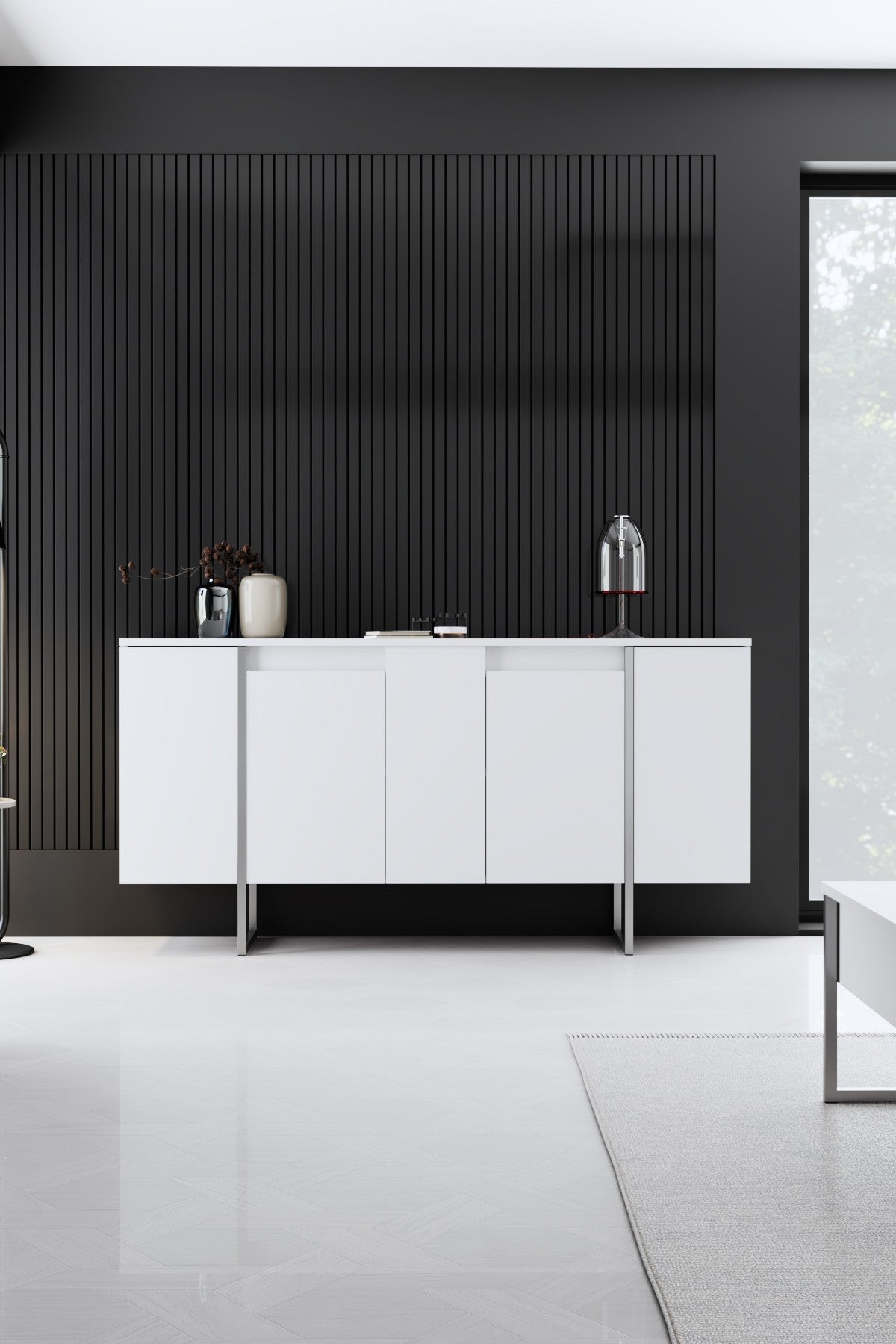 Set di mobili White Luxury - Tavolino + Mobile TV + Cassettiera Luxury - Cornice Argento