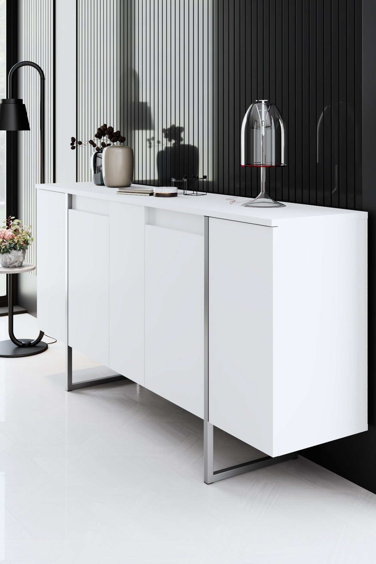 Set di mobili White Luxury - Tavolino + Mobile TV + Cassettiera Luxury - Cornice Argento