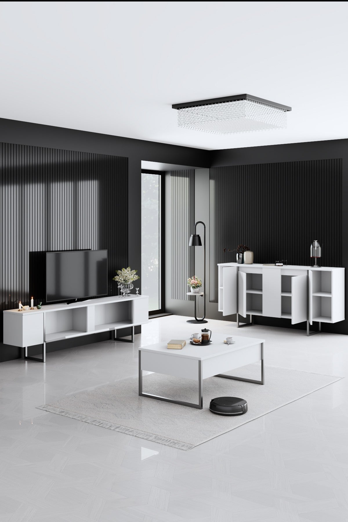 Set di mobili White Luxury - Tavolino + Mobile TV + Cassettiera Luxury - Cornice Argento