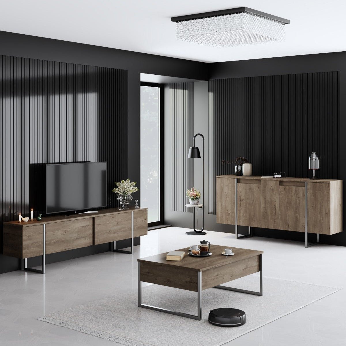 Set di mobili di lusso in noce - Tavolino + Mobile TV + Credenza - Cornice argento