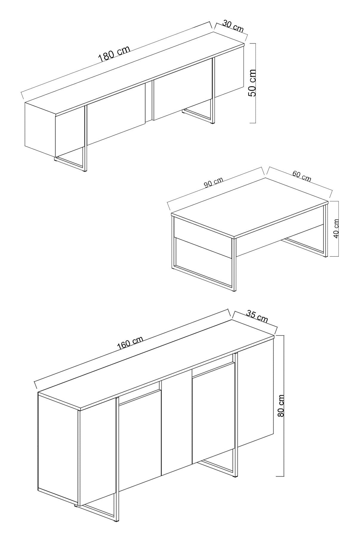 Set di mobili di lusso in noce - Tavolino + Mobile TV + Credenza - Cornice argento