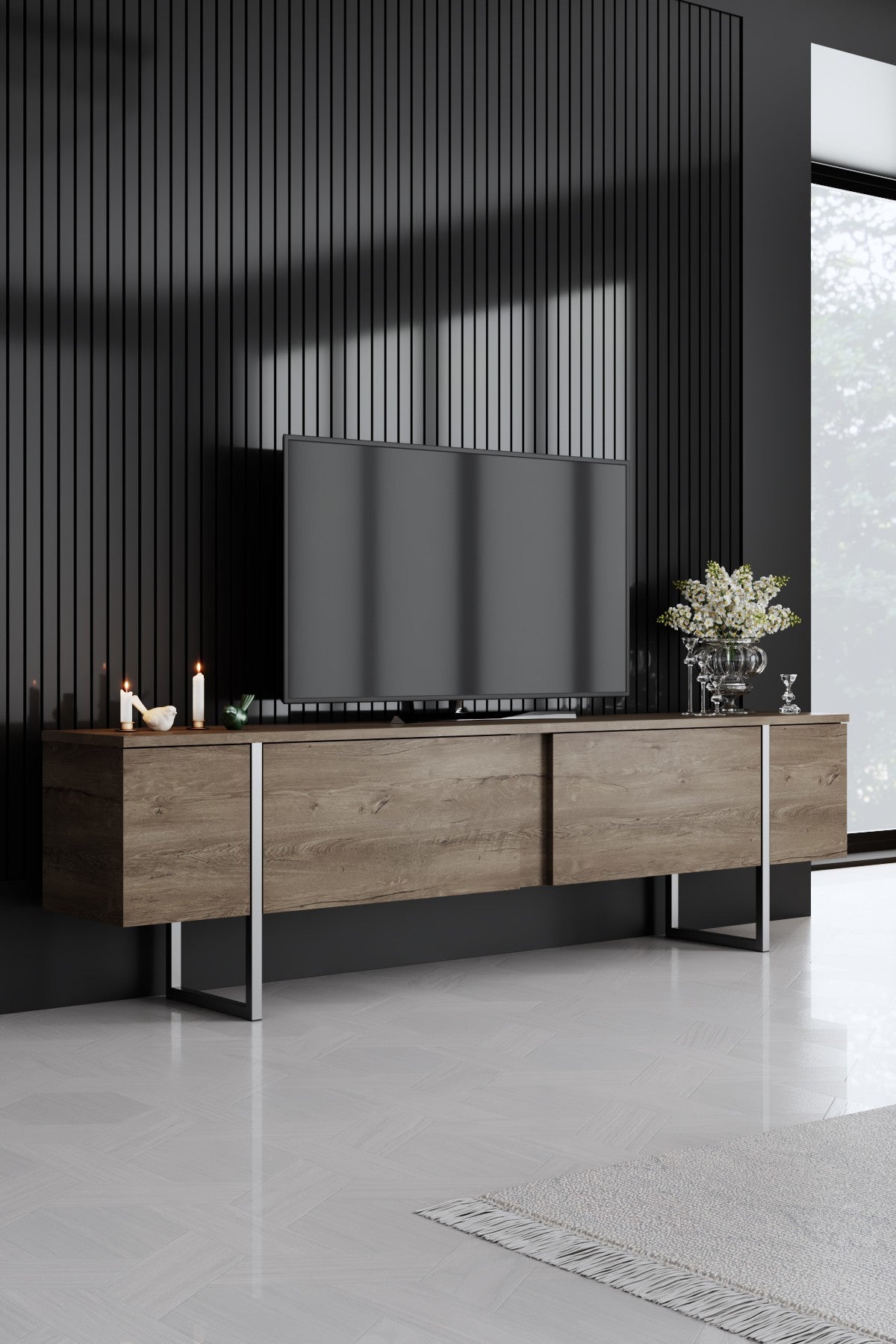 Set di mobili di lusso in noce - Tavolino + Mobile TV + Credenza - Cornice argento
