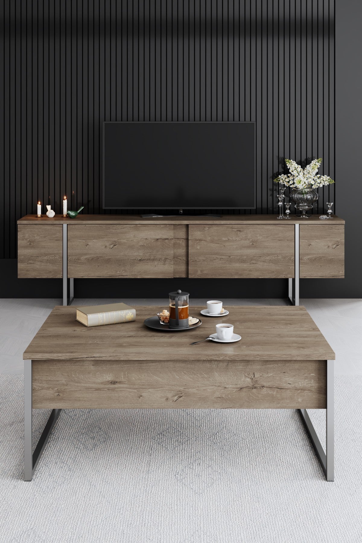 Set di mobili di lusso in noce - Tavolino + Mobile TV + Credenza - Cornice argento