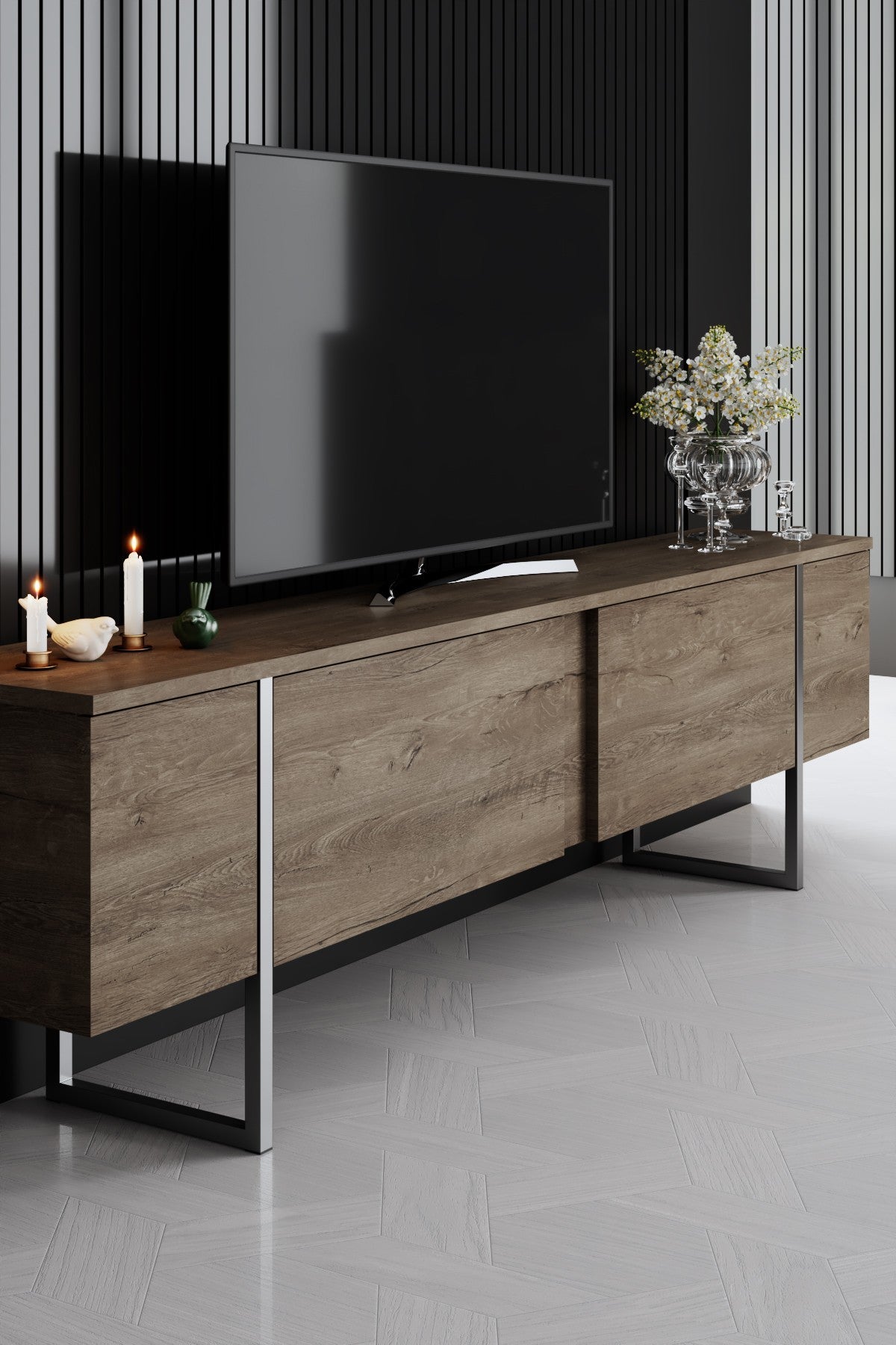Set di mobili di lusso in noce - Tavolino + Mobile TV + Credenza - Cornice argento