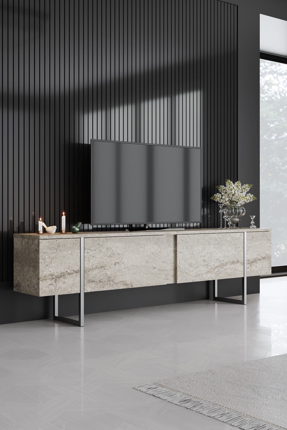 Meubelsets - Meubelset Travertin Luxe - Salontafel + TV Meubel + Dressoir - Zilver Frame - Dimehouse