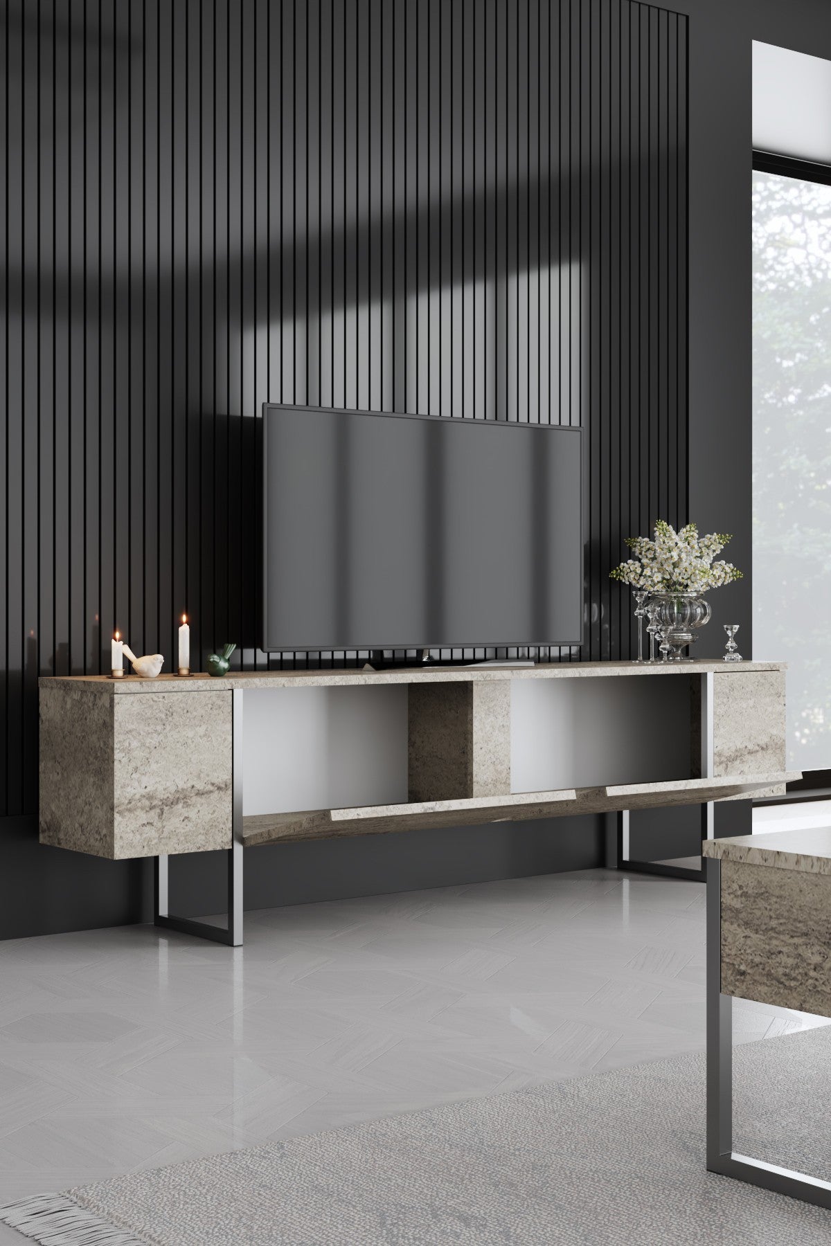 Meubelsets - Meubelset Travertin Luxe - Salontafel + TV Meubel + Dressoir - Zilver Frame - Dimehouse